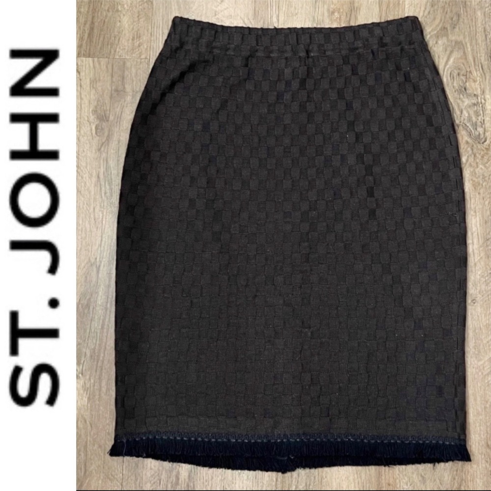 St‎ John Couture by Marie Gray Skirt 4  Brown Knit Checkered Fringe Hem Careerri